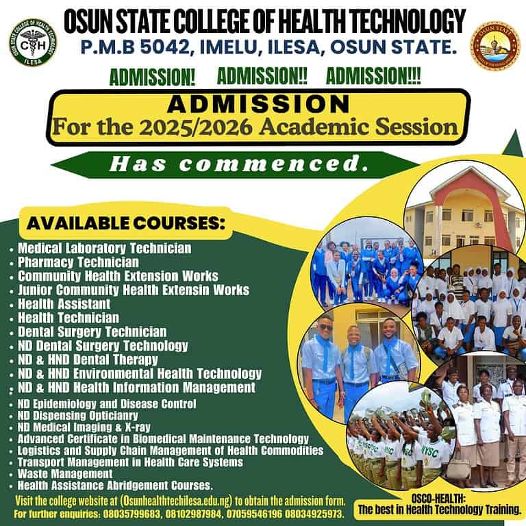 Osun State College Of Health Technology (OSCHT) Admission Form 2025/2026