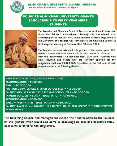 Al-Hikmah University Announces Scholarship For First-Year MBBS Students 2025